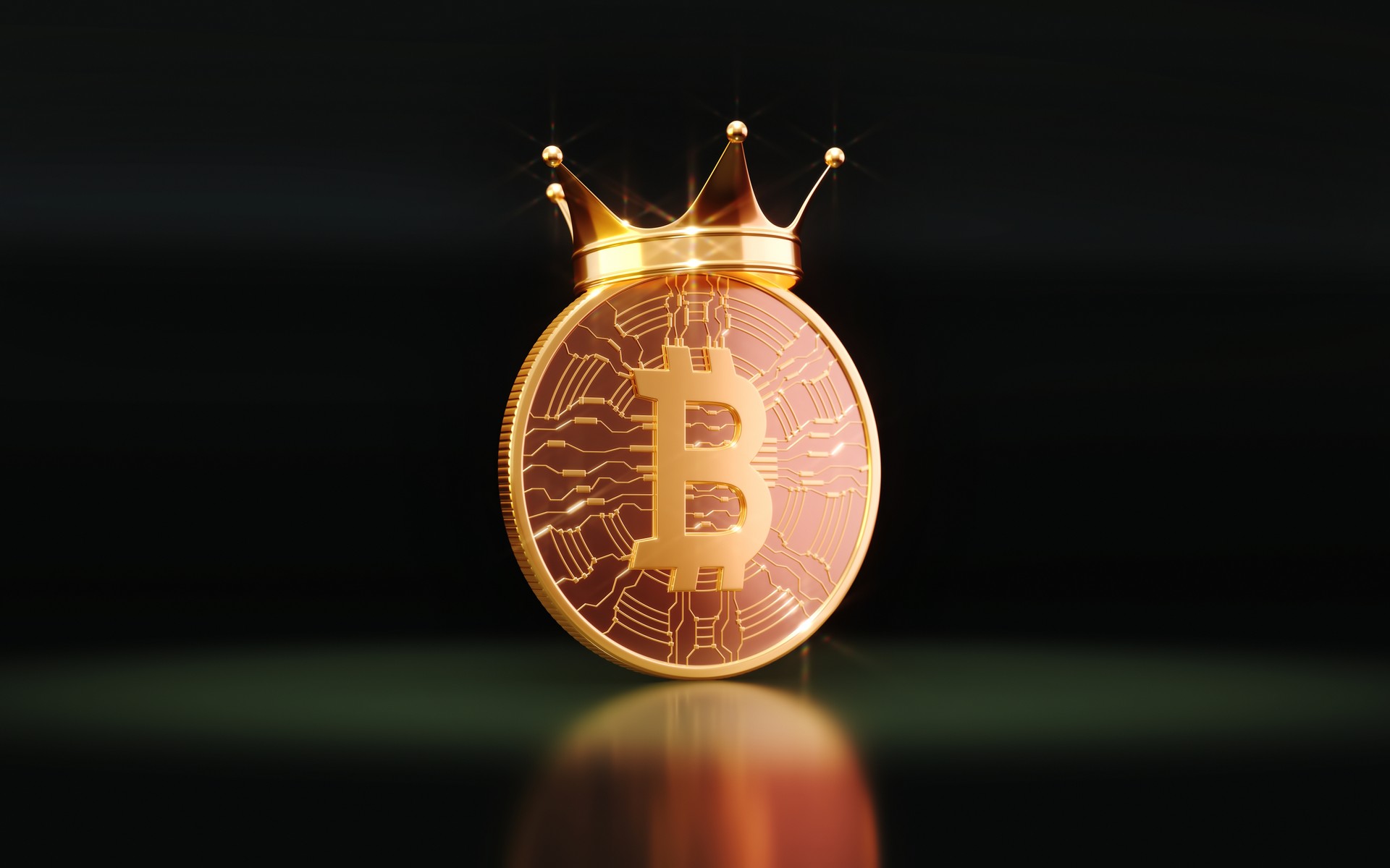 Bitcoin Crypto Currency King Crown on Green Background